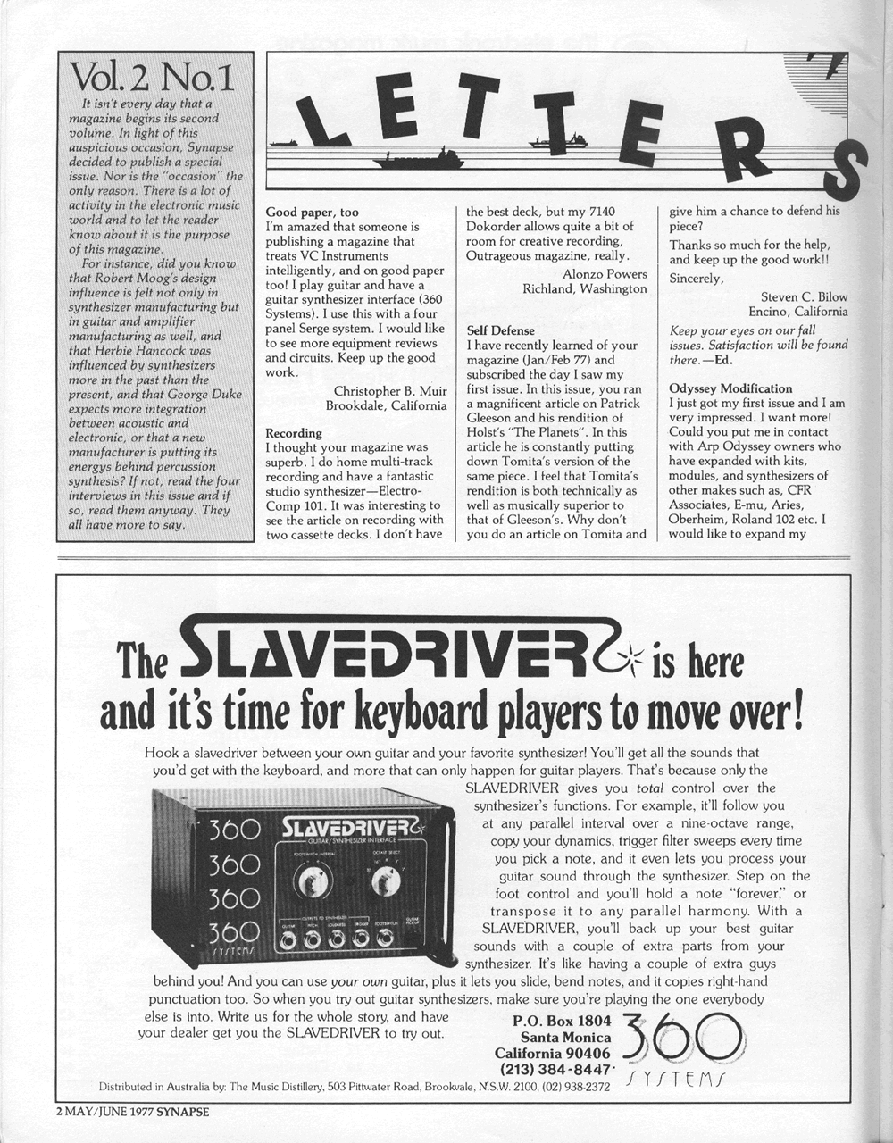 Letters to the Editor, Editors Note, 360 Systems Slavedriver Ad.