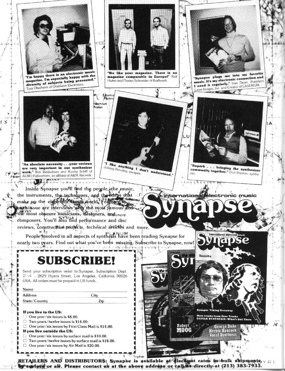 Synapse Magazine subscription ad featurig Kraftwerk, Don Preston and Tom Obeheim