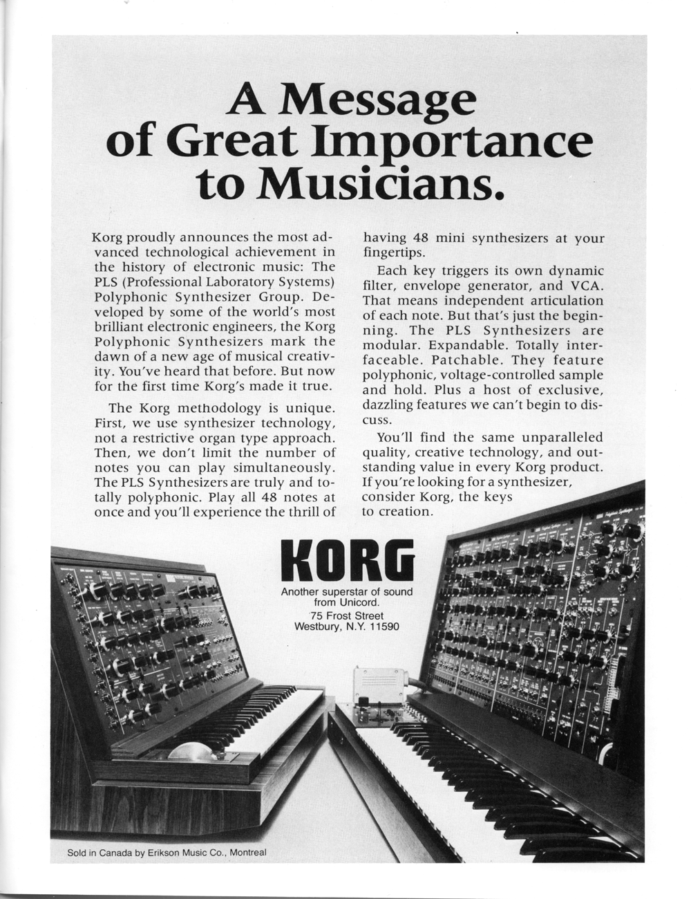 Korg PLS Synthesizer ad in Nov/Dec 1977 issue Synapse: International Electronic Music.