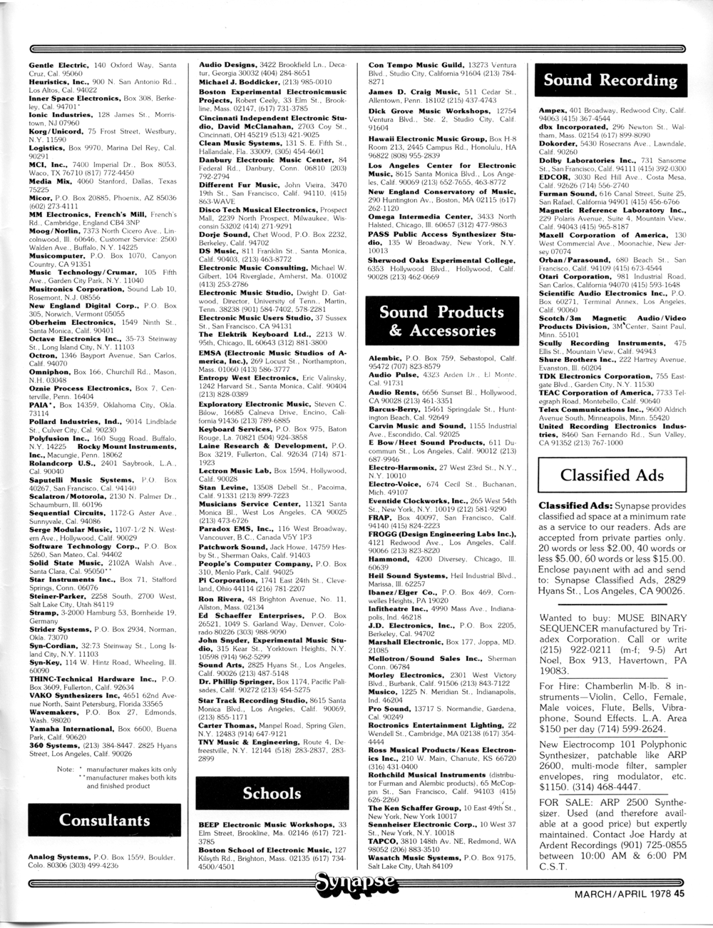 Vintage synthesizer industry listings in Synapse Magazine.