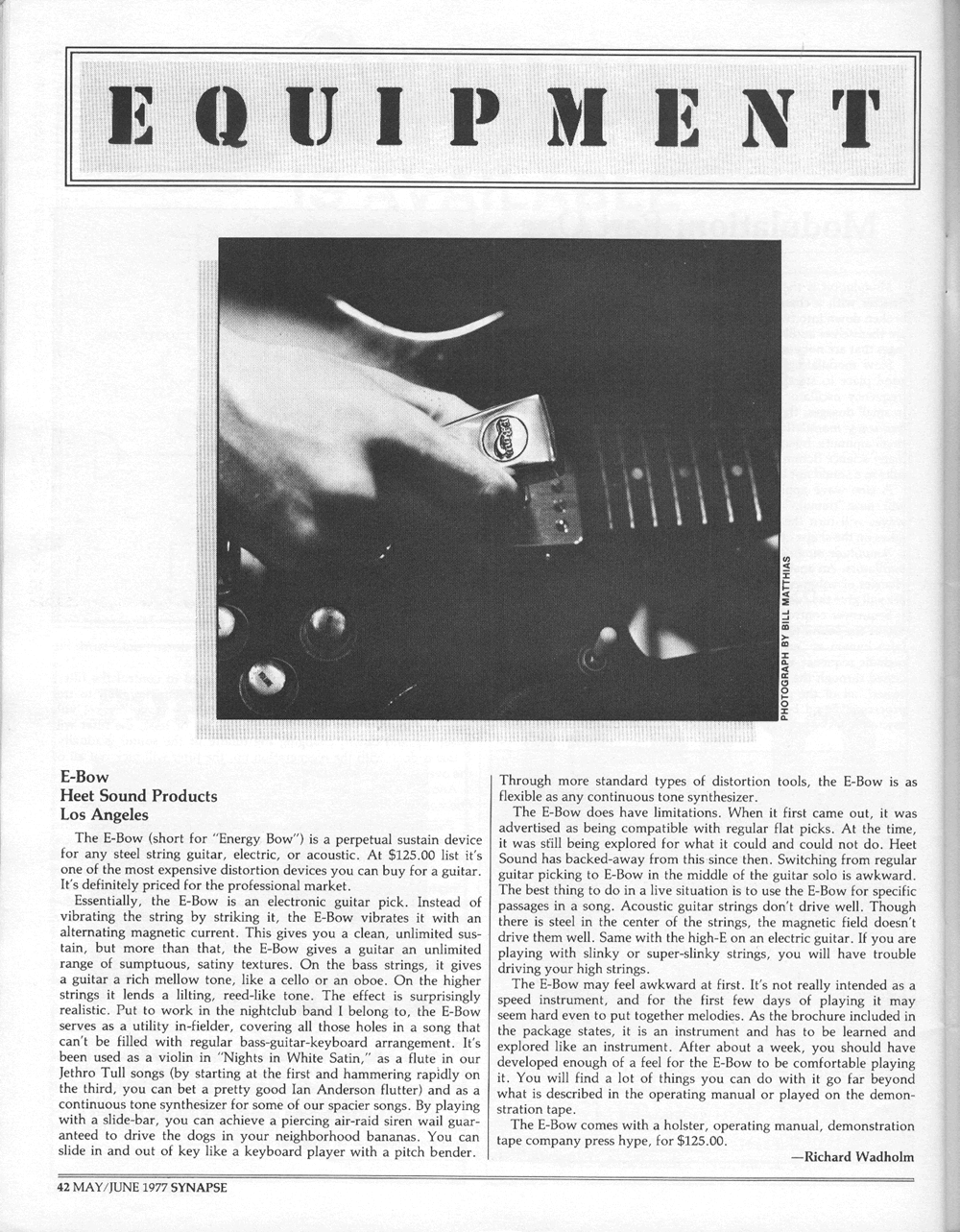 Equipment Column in Synapse Magazine. Review of the E Bow.