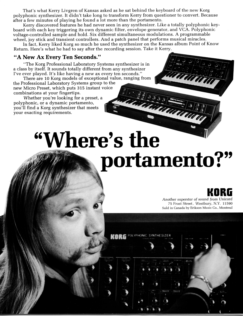 Vintage Advertisement - Korg PLS Polyphonic Synthesizer ad in Synapse - The Electronic Music Magazine.