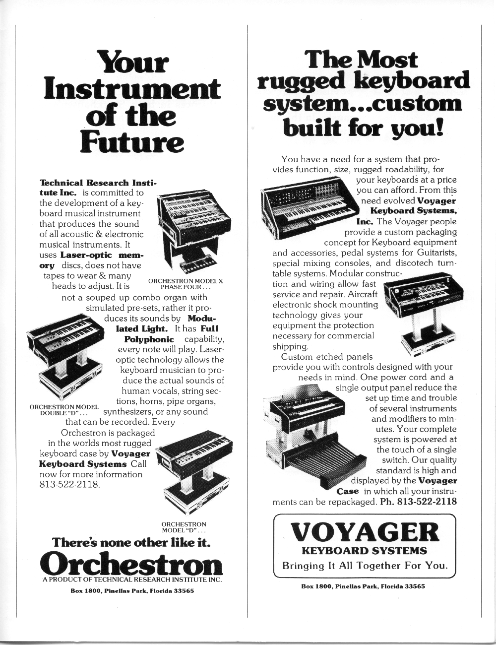 Synapse Magazine ad for Orchestron and Voyager Keyboard Systems.