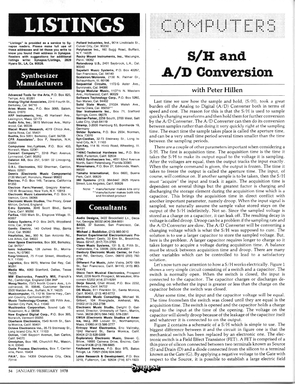 Computer Column in Synapse the Electronic Music Mgazine S/H and A/D Conversion.