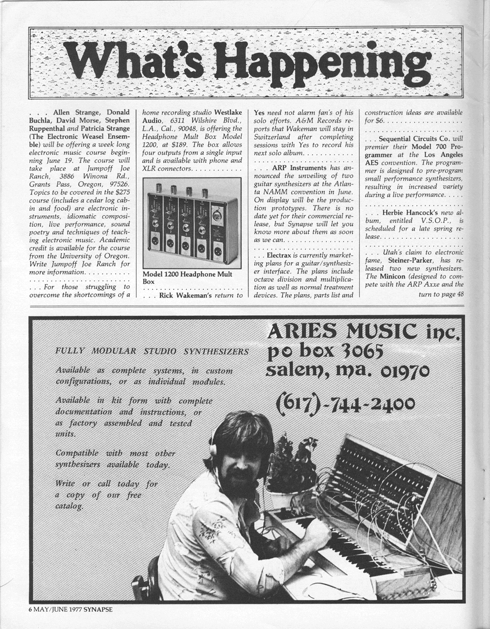 What's Happening Column and an Aries Music Ad from Synapse Magazine.