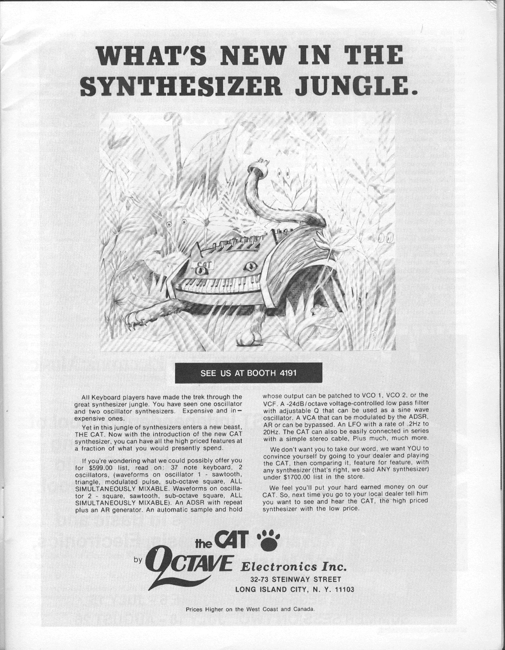 An Ad for the Octave Electronics The Cat Keyboard Synthesizer in Synapse Magazine.