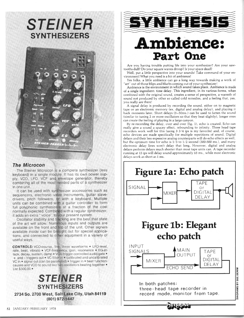 Synaps Magazine ad for Steiner Sthesizers Microcon, Synthesis Column: Ambience: Part One.