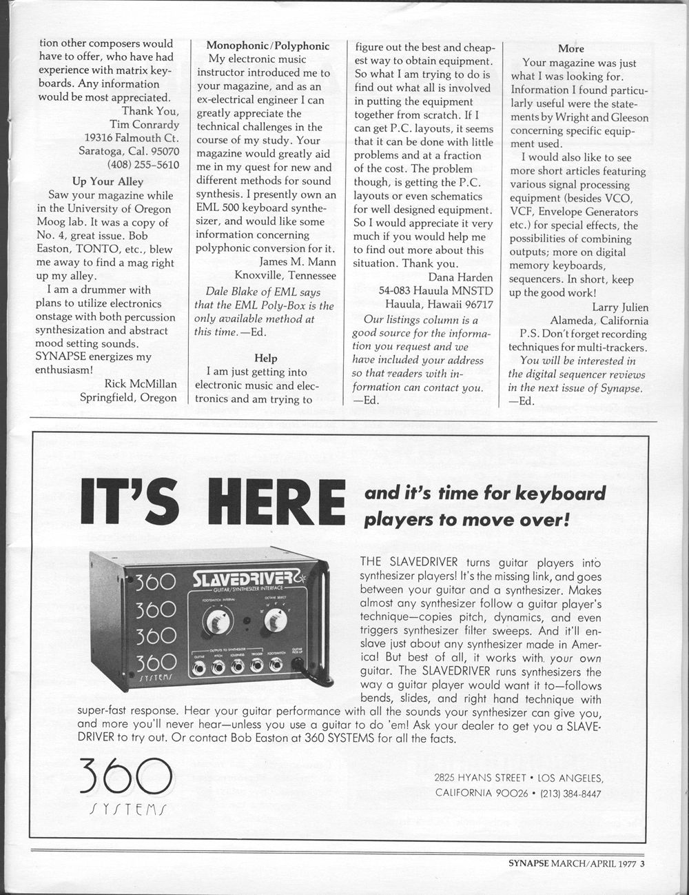 360 Systems SLAVEDRIVER Ad and Letters to the Editors of Synapse Magazine.