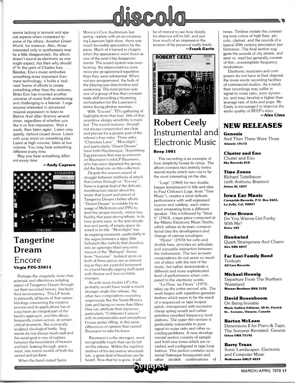 Column - Discola - Record Reviews - Tangerine Dream's Encore and Instrumental and Electronic Music by Robert Ceely in Synapse - International Electronic Music.