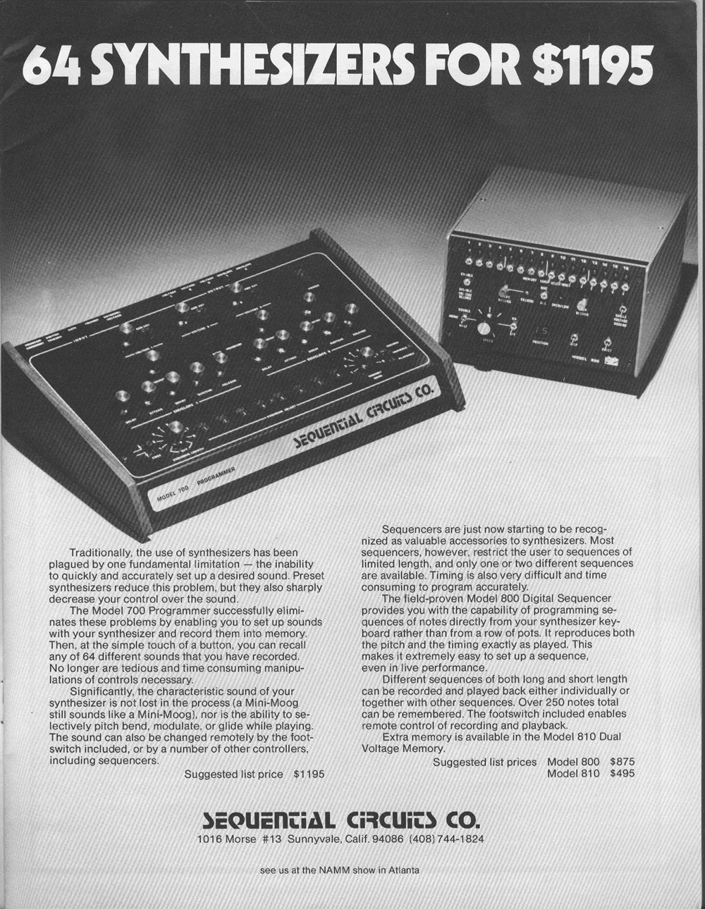 Sequential Circuits Model 700 Programmer, Model 800 Digital Sequencer vintage Ad in Synapse Magazine.
