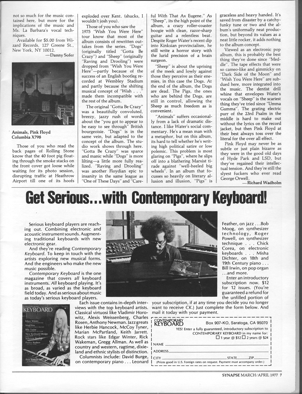 Review of Animals by Pink Floyd in Synapse Magazine. Contemporary Keyboard ad.