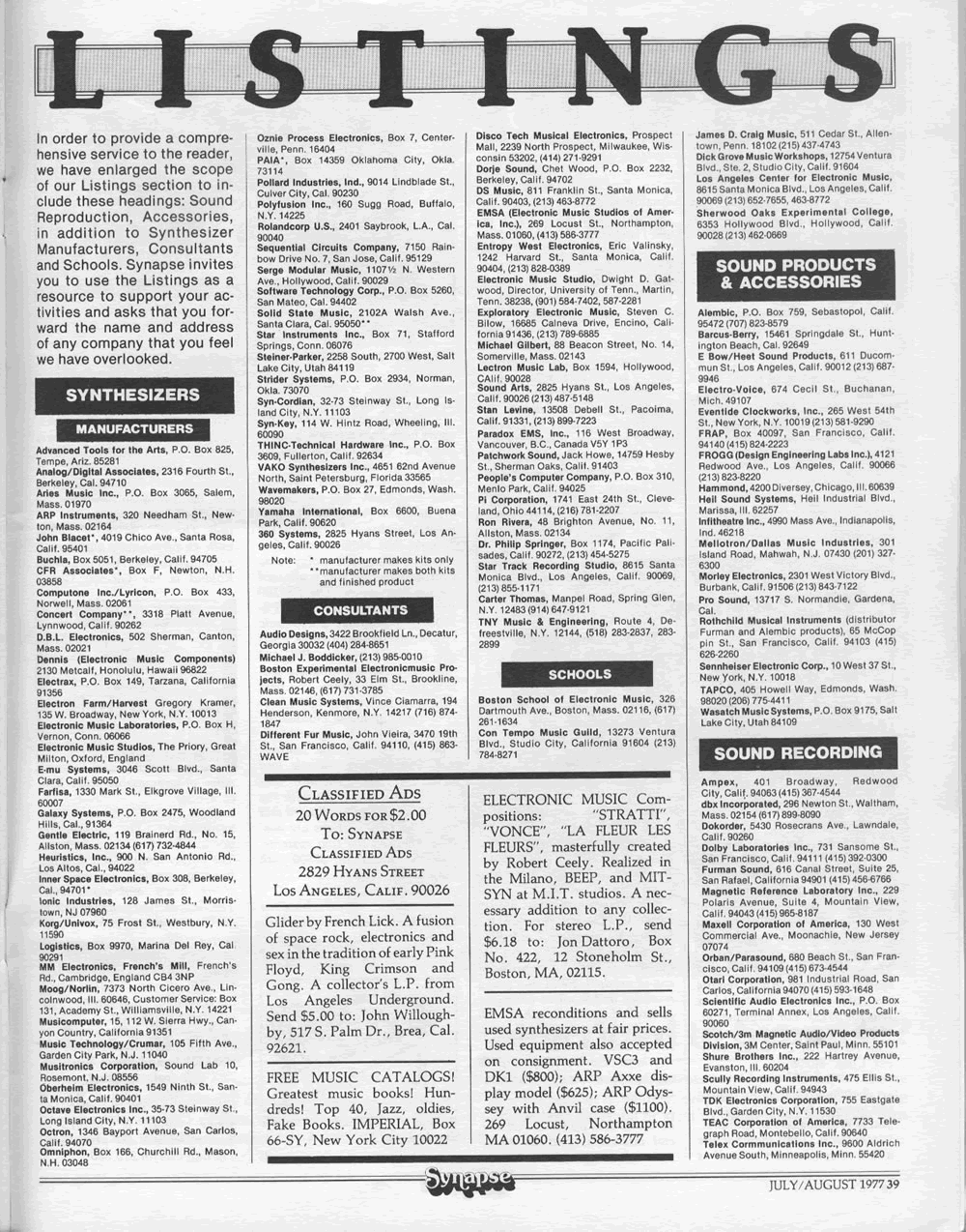 Column: Listings. Contact info for synthesizer manufacturers, consultants, schools, and more.