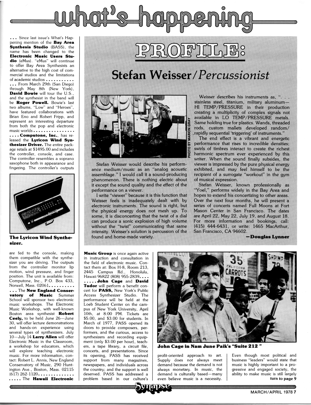 Profile - Stefan Weisser Percussionist - Whjat's Happening Column in Synapse Magazine - synthesizers and electronic music.