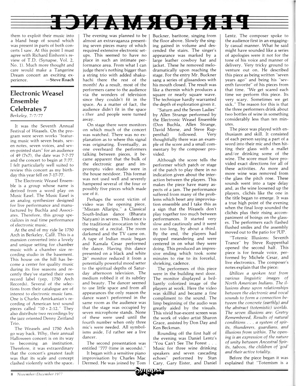 Column: Performance - Reviews of Tangerine Dream - Electronic Weasel Ensemble