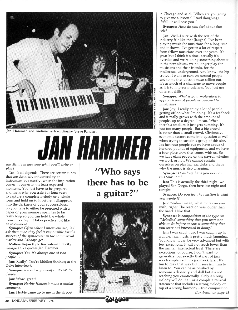Interview with Jan Hammer by Synapse Magazine.