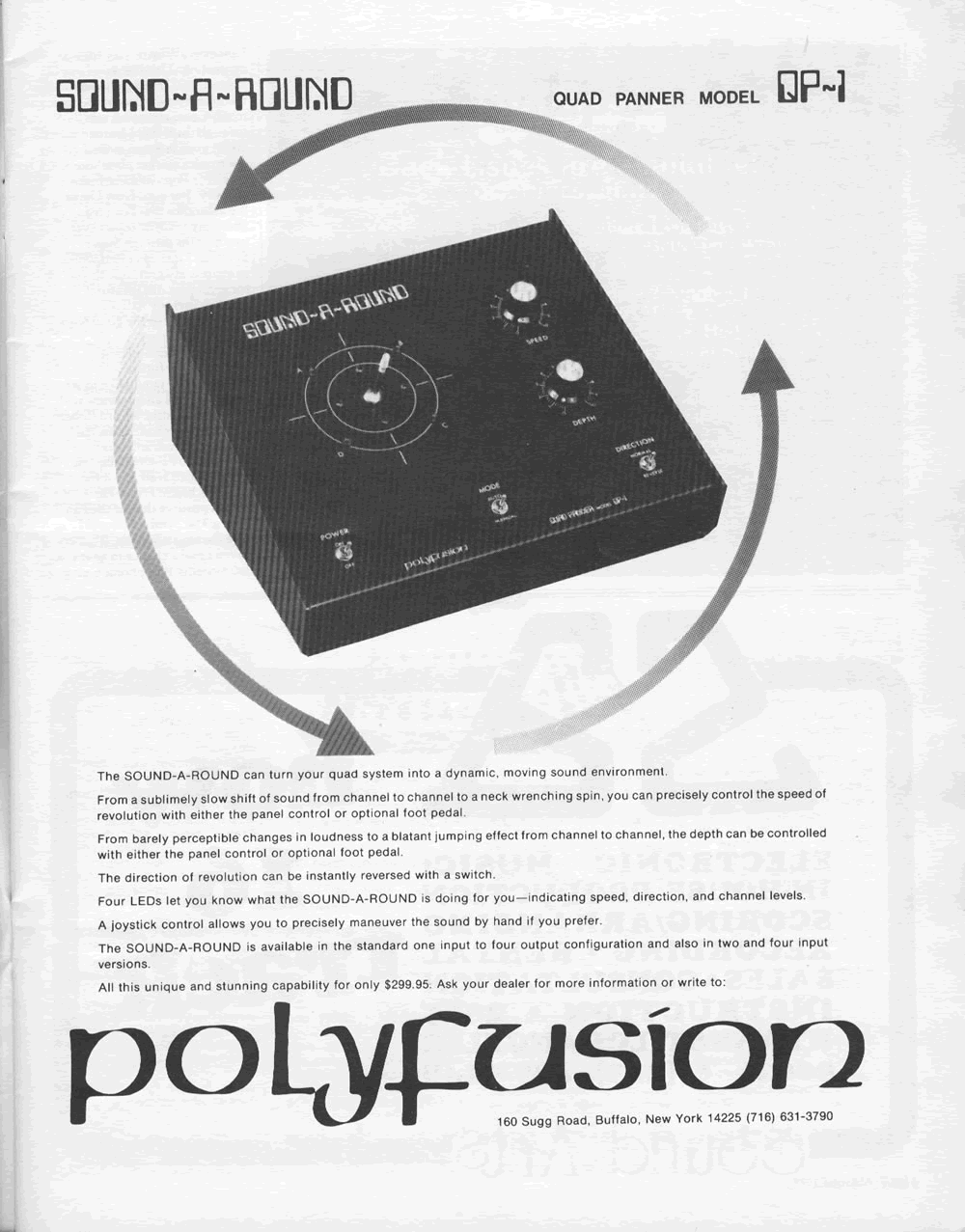 Synapse July/August 1977 ad for Polyfusion's Sound-A-Round Quad Sound Panner QP-1.