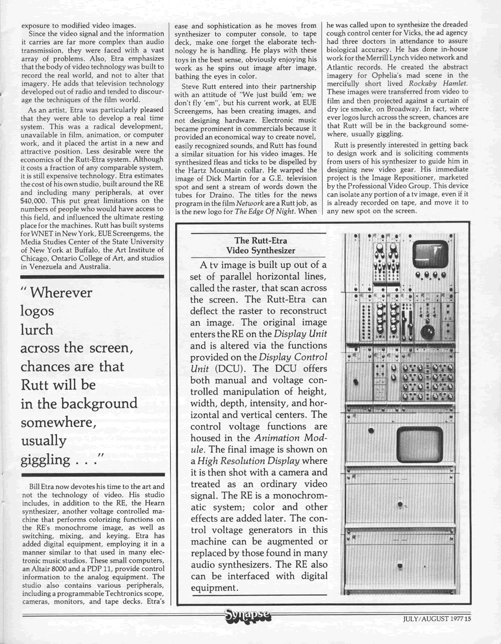 Continuation of Rutt-Etra Synthesized Video article in Synapse Julay/August Synapse Magazine