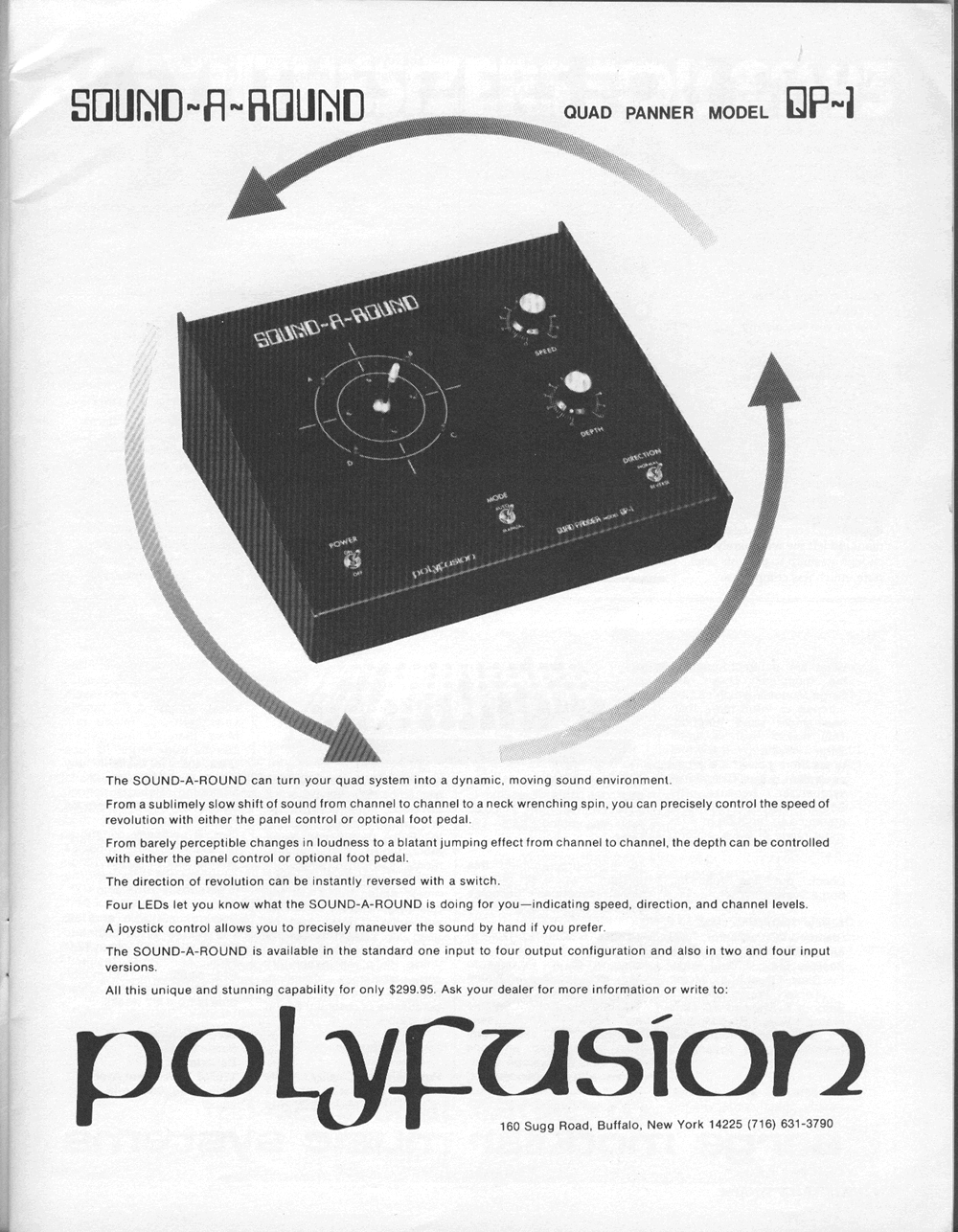 Vintage Ad in Synapse Magazine for Polyfusion Sound-A-Round quad panning system.