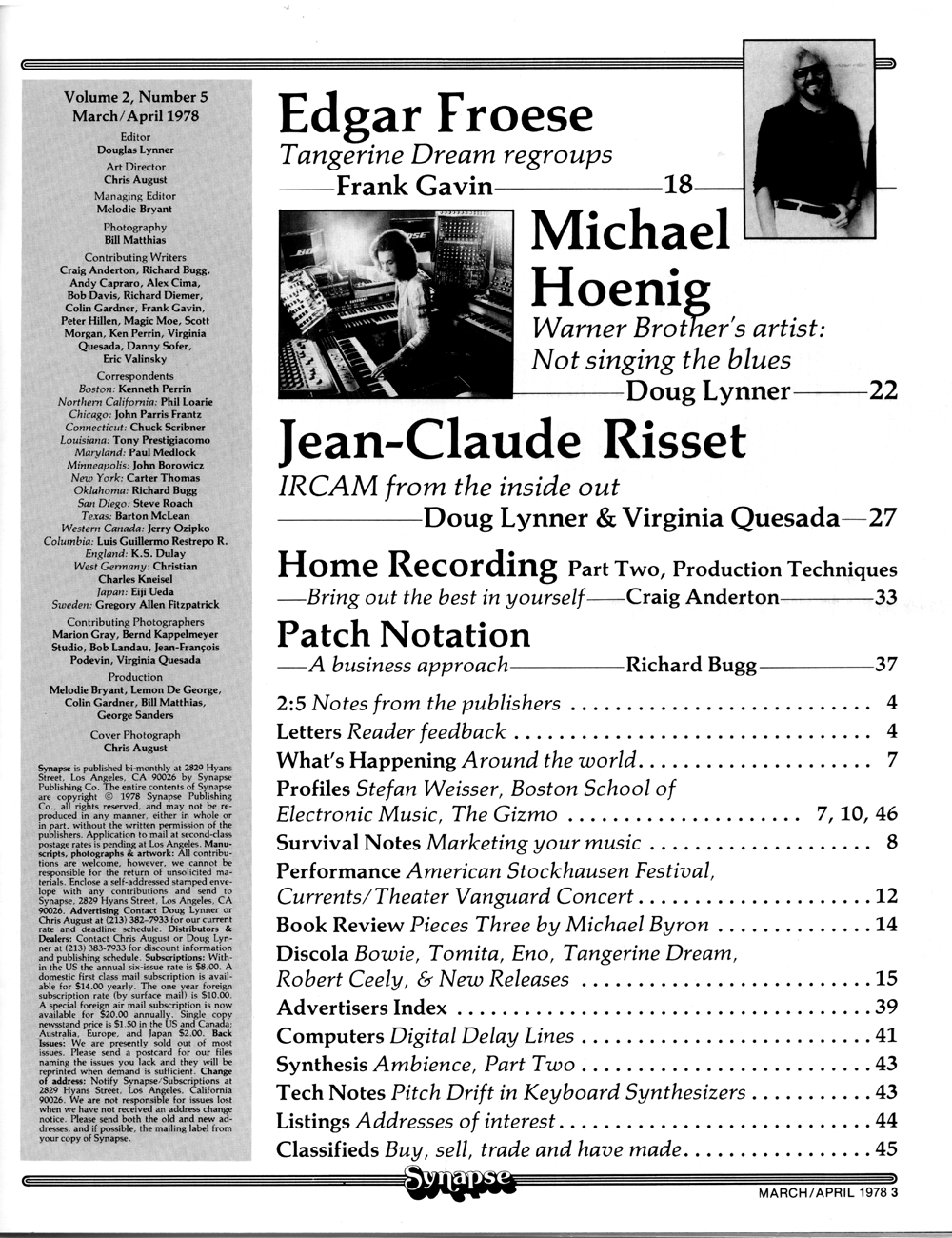 Table of Contents - Edgar Froese, Michael Hoenig and Jean-Clause Risset interviews in Synapse - International Electronic Music.