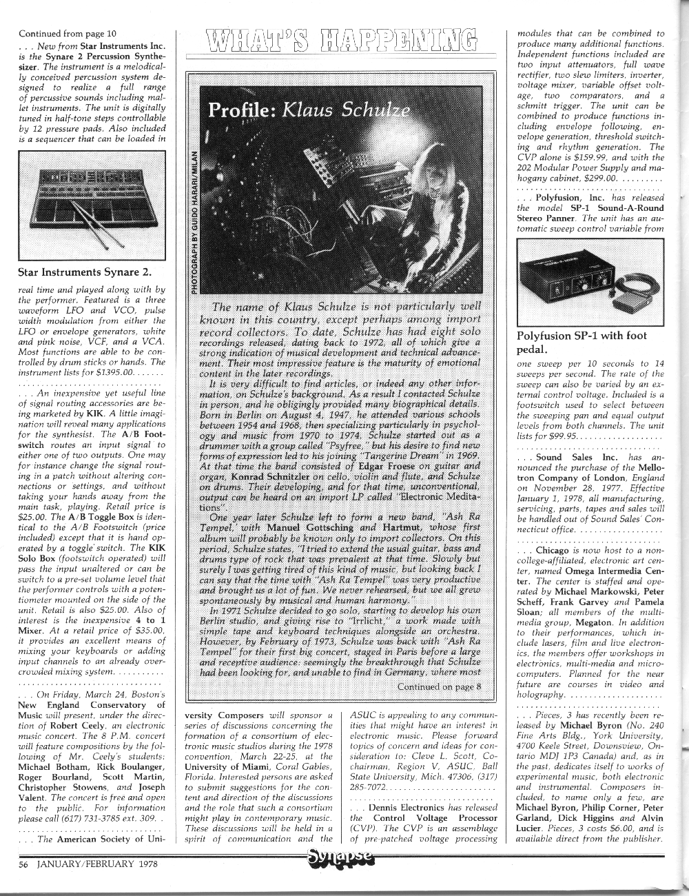 Profile: Klaus Schulze by Steve Roach in Synapse th Electronic Music Magazine