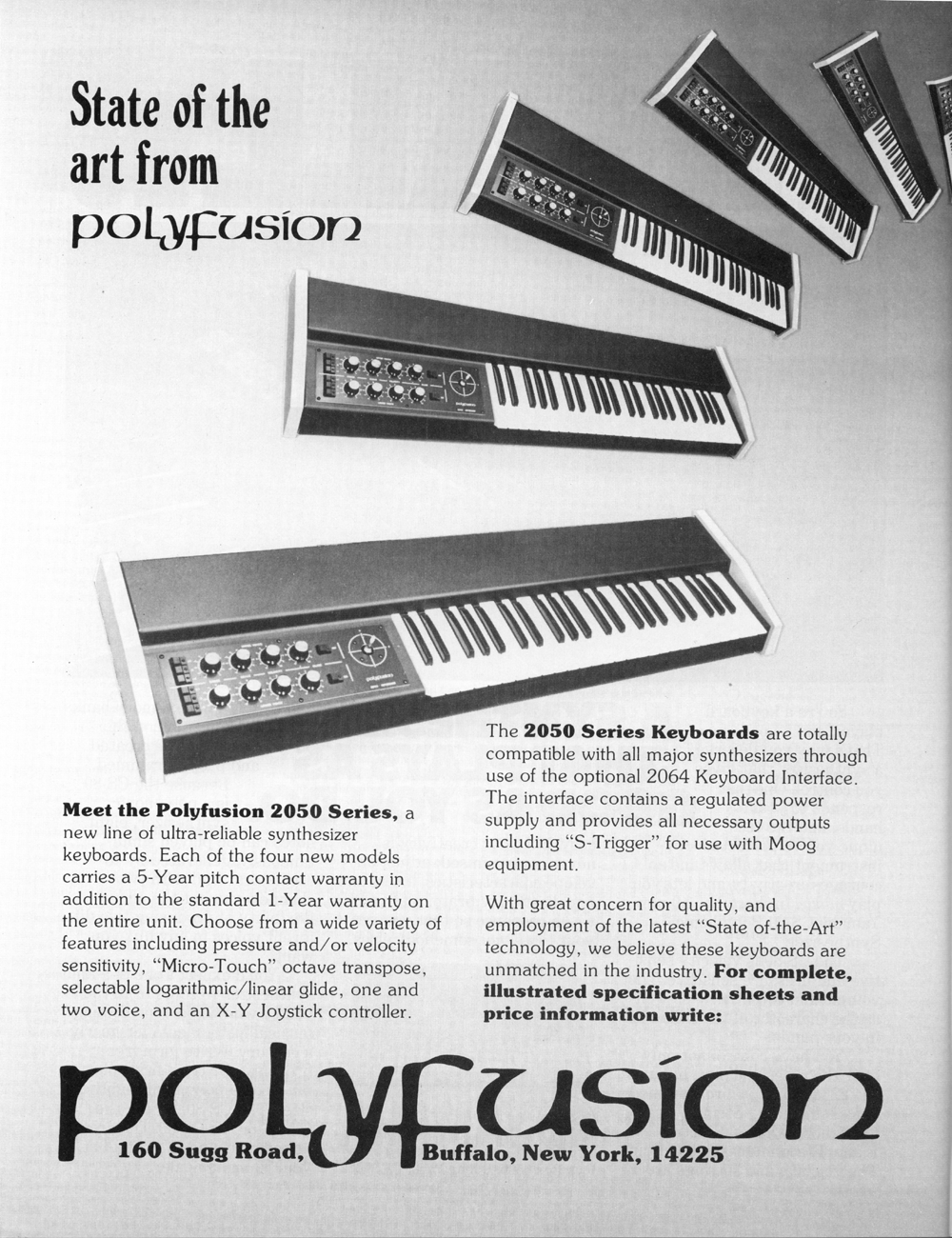 Synapse Magazine ad for Polyfusion 2050 Series Synthesizer Keyboards.