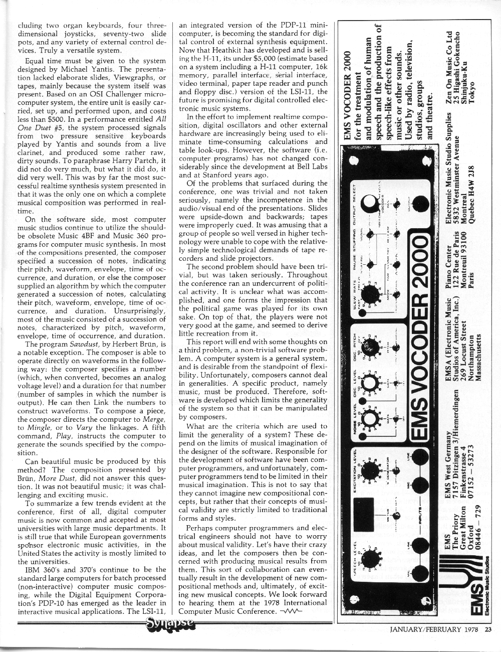 Advertisement: EMS Vocoder 2000 in Synapse: International Electronic Music