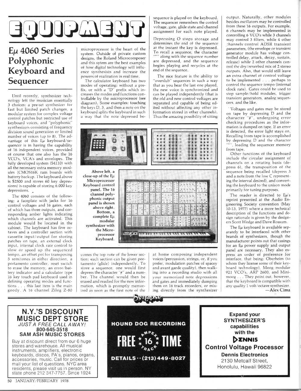 Synapse Magazine Equipment Column: Emu 4060 Polyphonic Keyboard and Sequencer