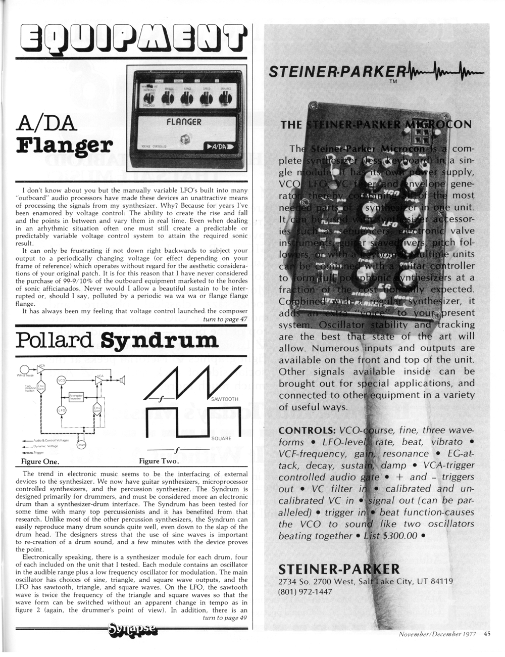 Equipment review of A/DA Flanger, Pollard Syndrum and an ad from Steiner Parker Microcon.