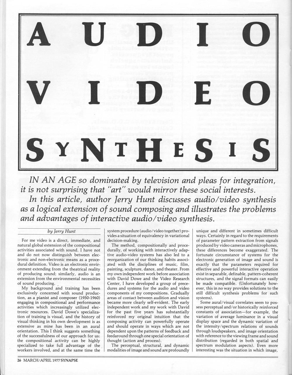 Audio Video Synthesis artical by Jerry Hunt in Synapse Magazine
