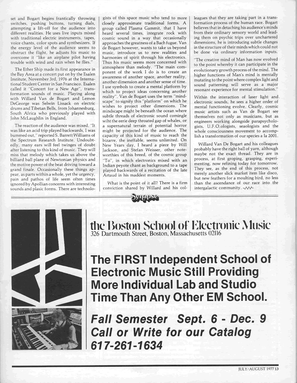 Advertisement for The Boston School of Electronic Music.