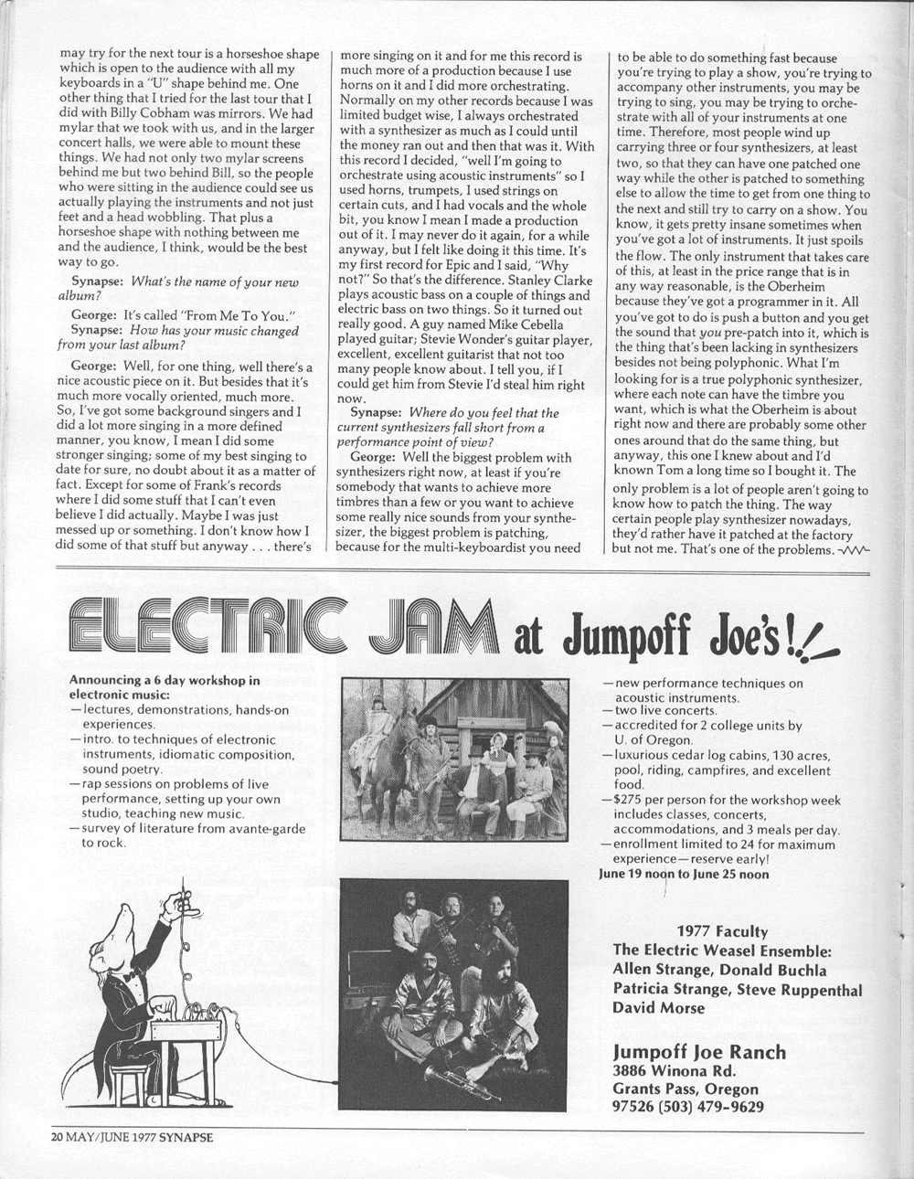 Electric Jam at Jumpoff Joe's ad in Synapse Magazine describes a synthesizer and electronic music workshop and con certs given by Don Buchla, Allen Strange and others.