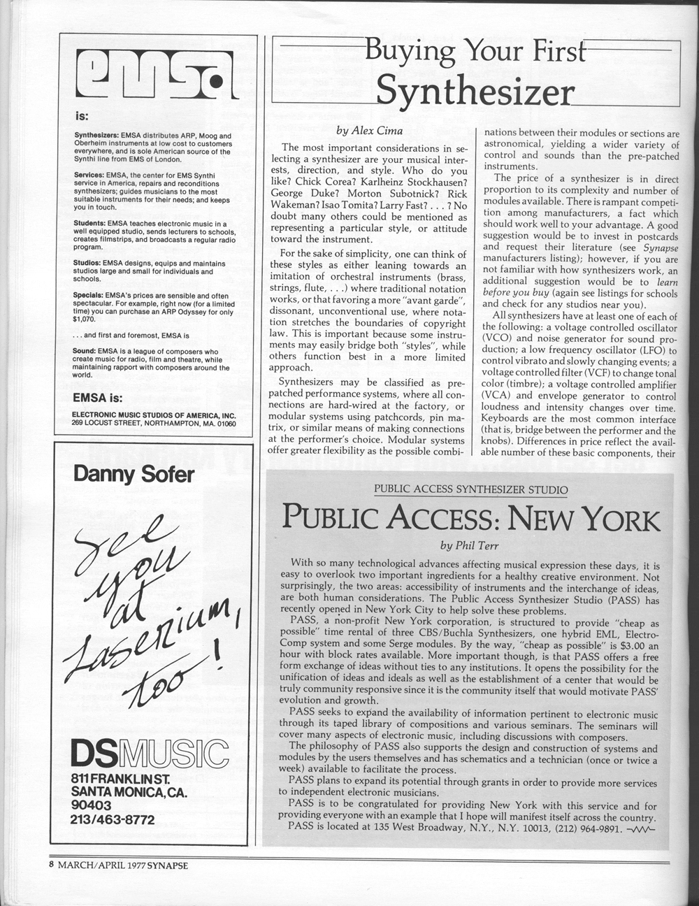 Synapse synthesizer and electronic music articles. EMSA ad. DS Music Ad.