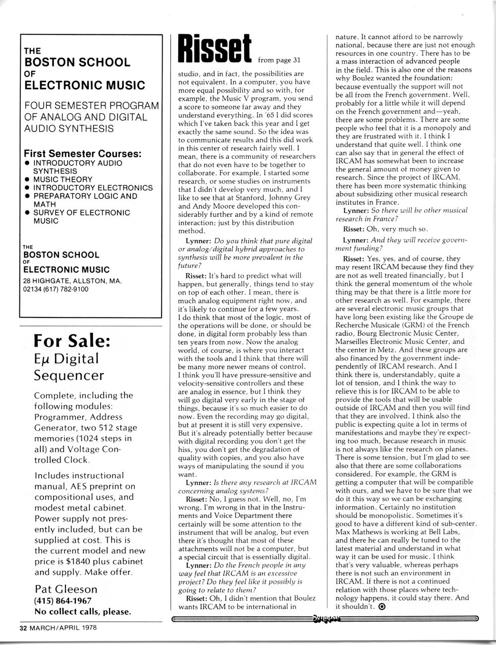 Vintage synthesizer advertisement in Synapse Magazine for Pat Gleeson's E-mu synthesizer.