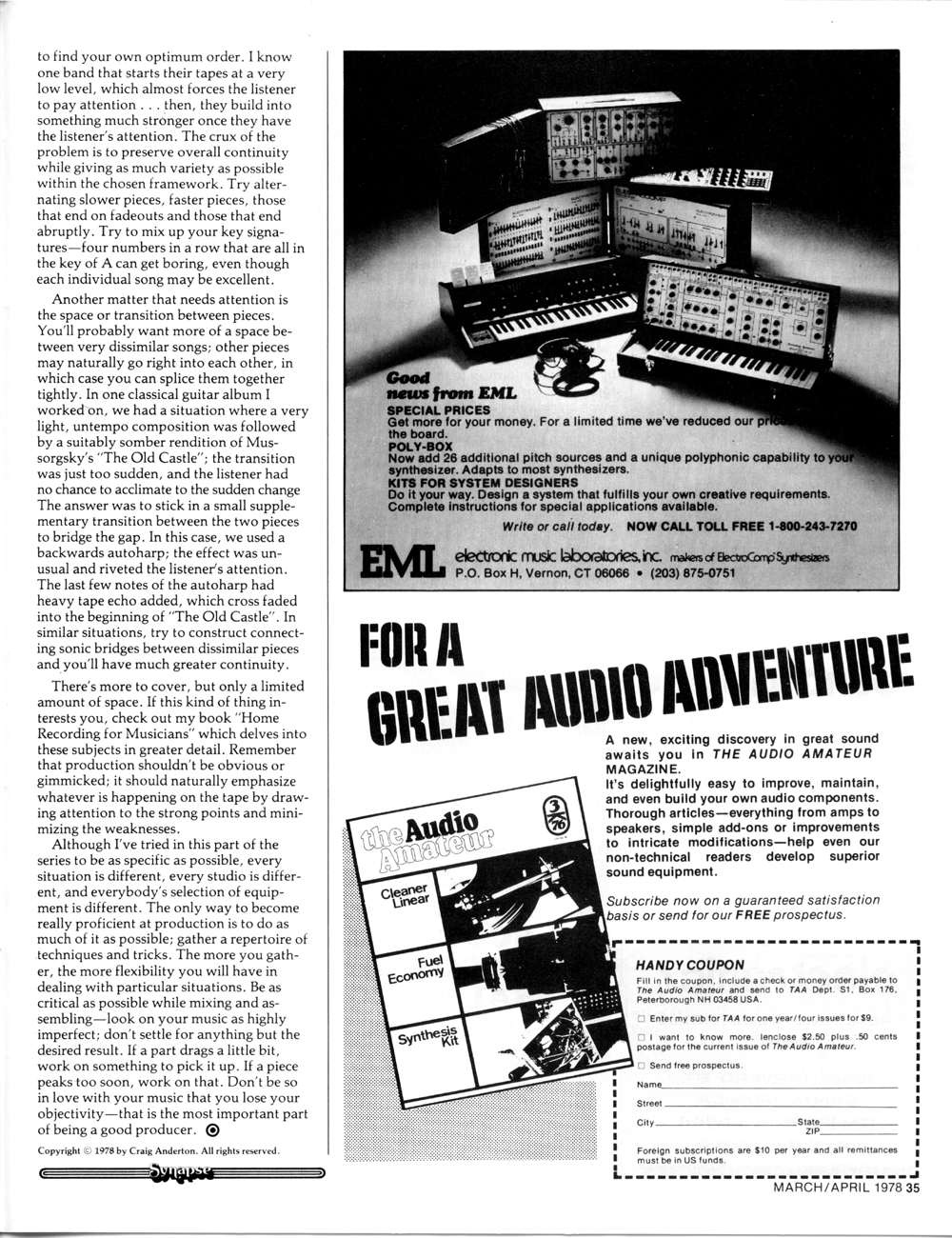 Vintage synthesizer ads in Synapse Magazine for Electronic Music Laboratories (EML), and, The Audio Amateur.