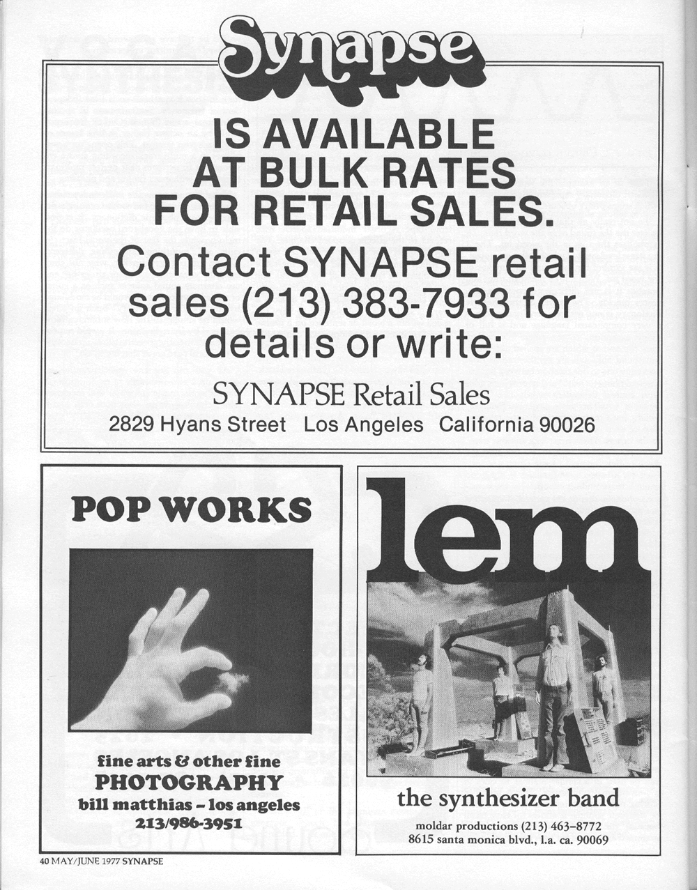 Synapse ad for the synthesizer band, LEM. Members were Bryce Robbley, Doug Lynner, Danny Sofer and Alex Cima.