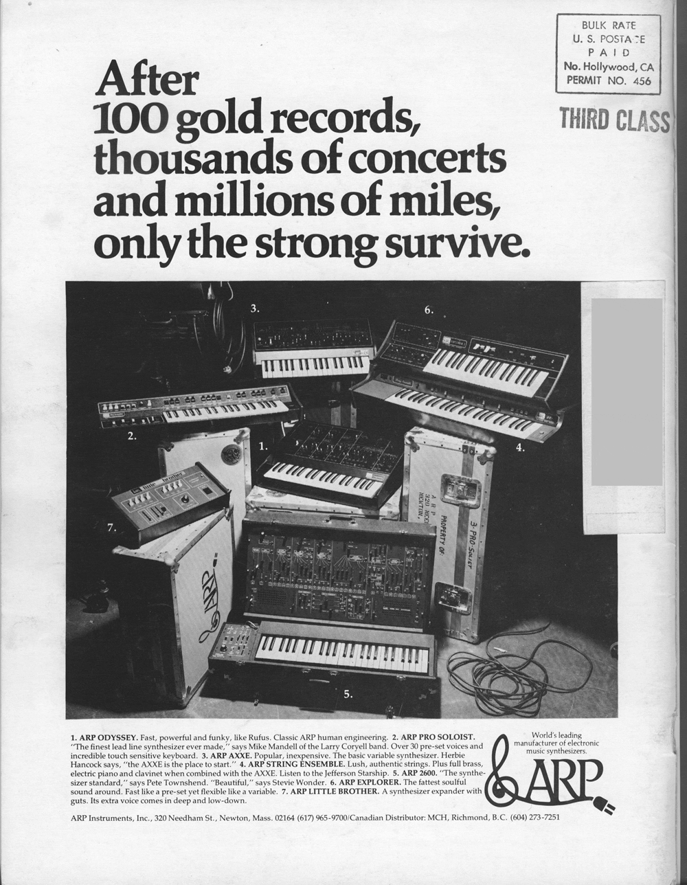 ARP Instruments were the back cover advertiser of the March/April issue of Synapse Magazine.
