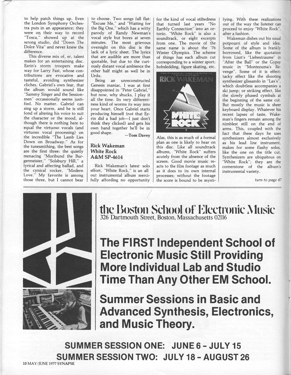 Synapse Magazine record reviews of Peter Gabriel and Rick Wakeman's White Rock.