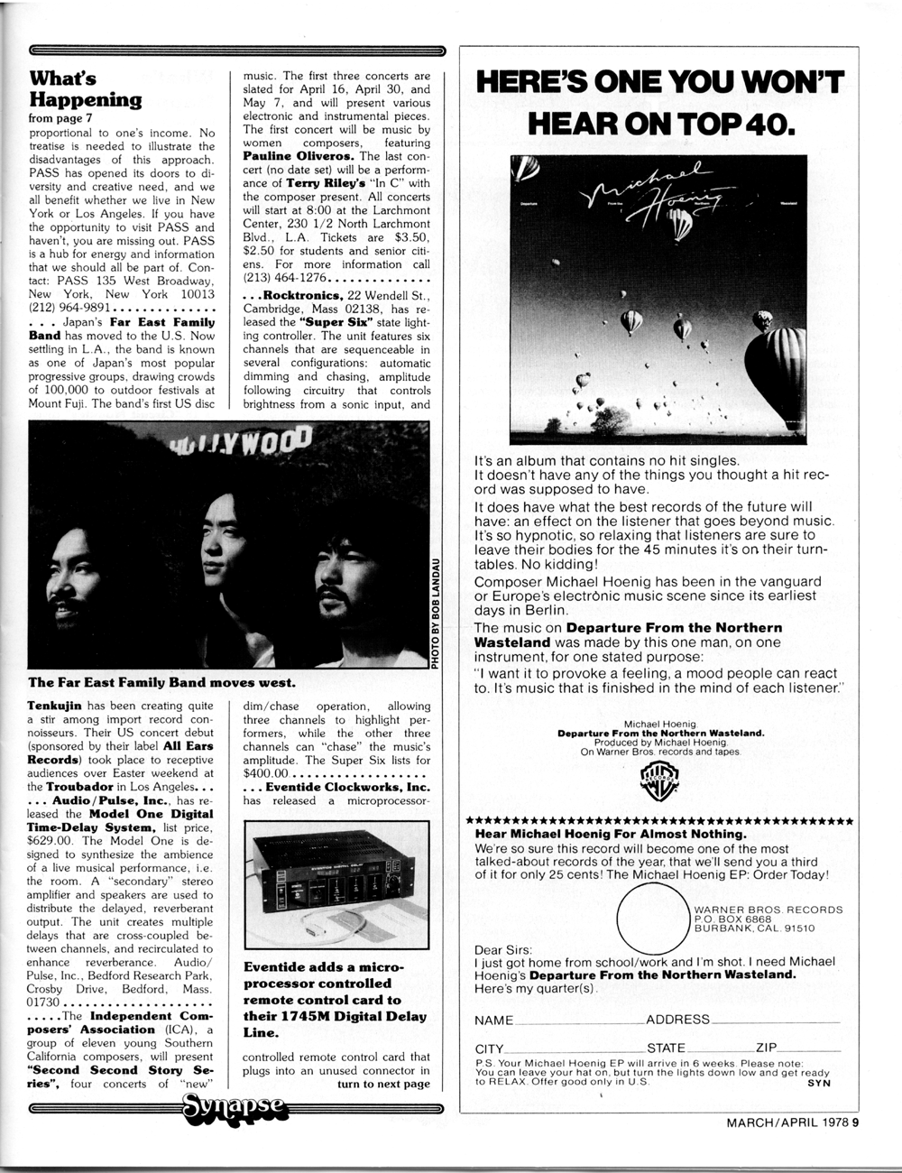 Vintage synthesizer advertisement - Warner Bros Records - Michael Hoenig's Departure From the Northern Wasteland in Synapse Magazine - Synthesizers and Electronic Music.