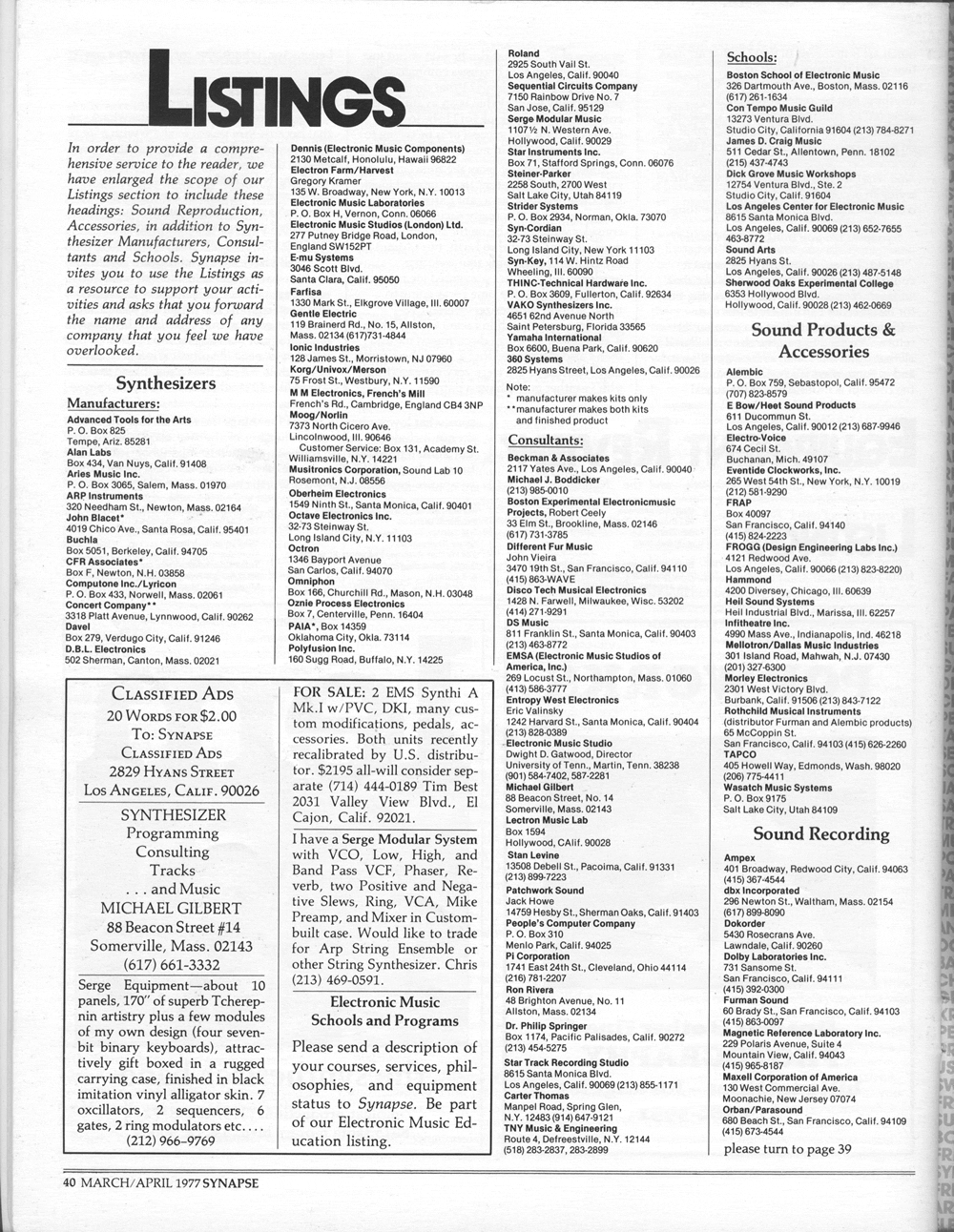 1977 synthesizer and electronic music contact information.