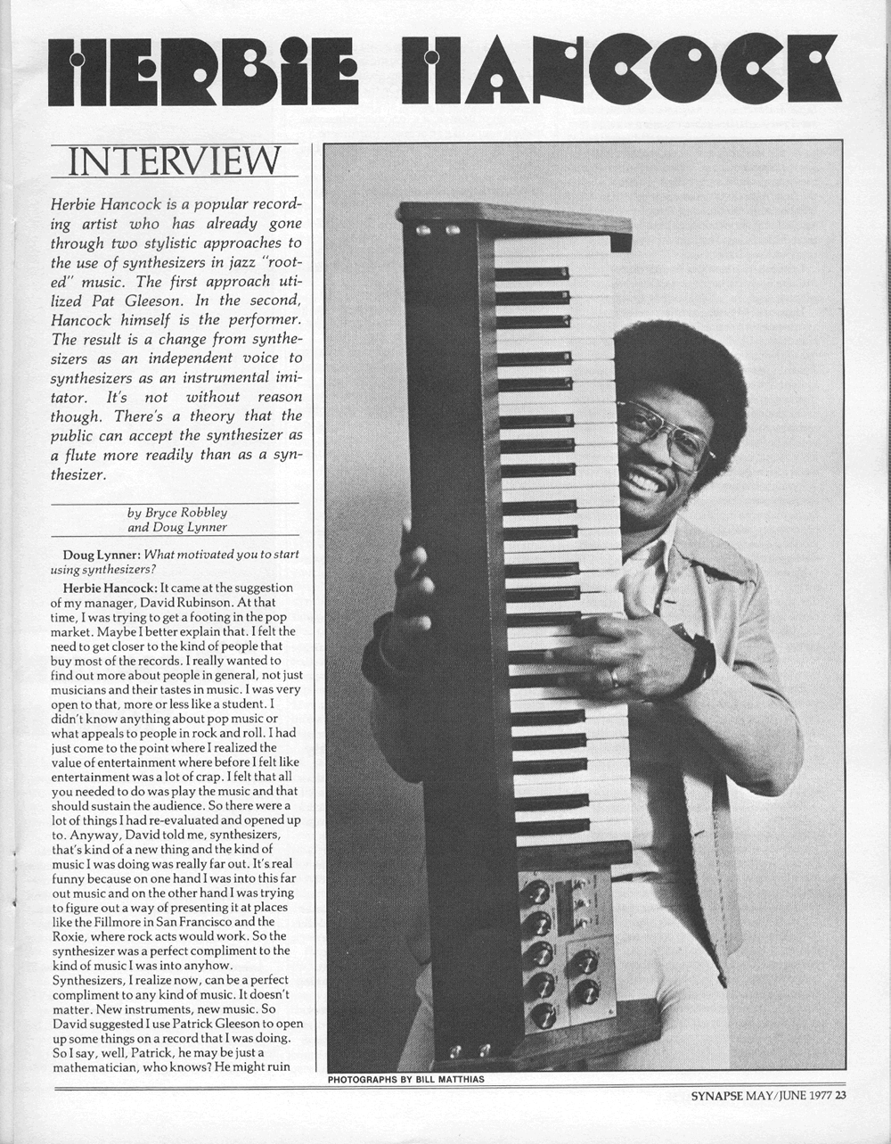 Synapse interview with Herbie Hancock. Synapse is a synthesizer and electronic music magazine.