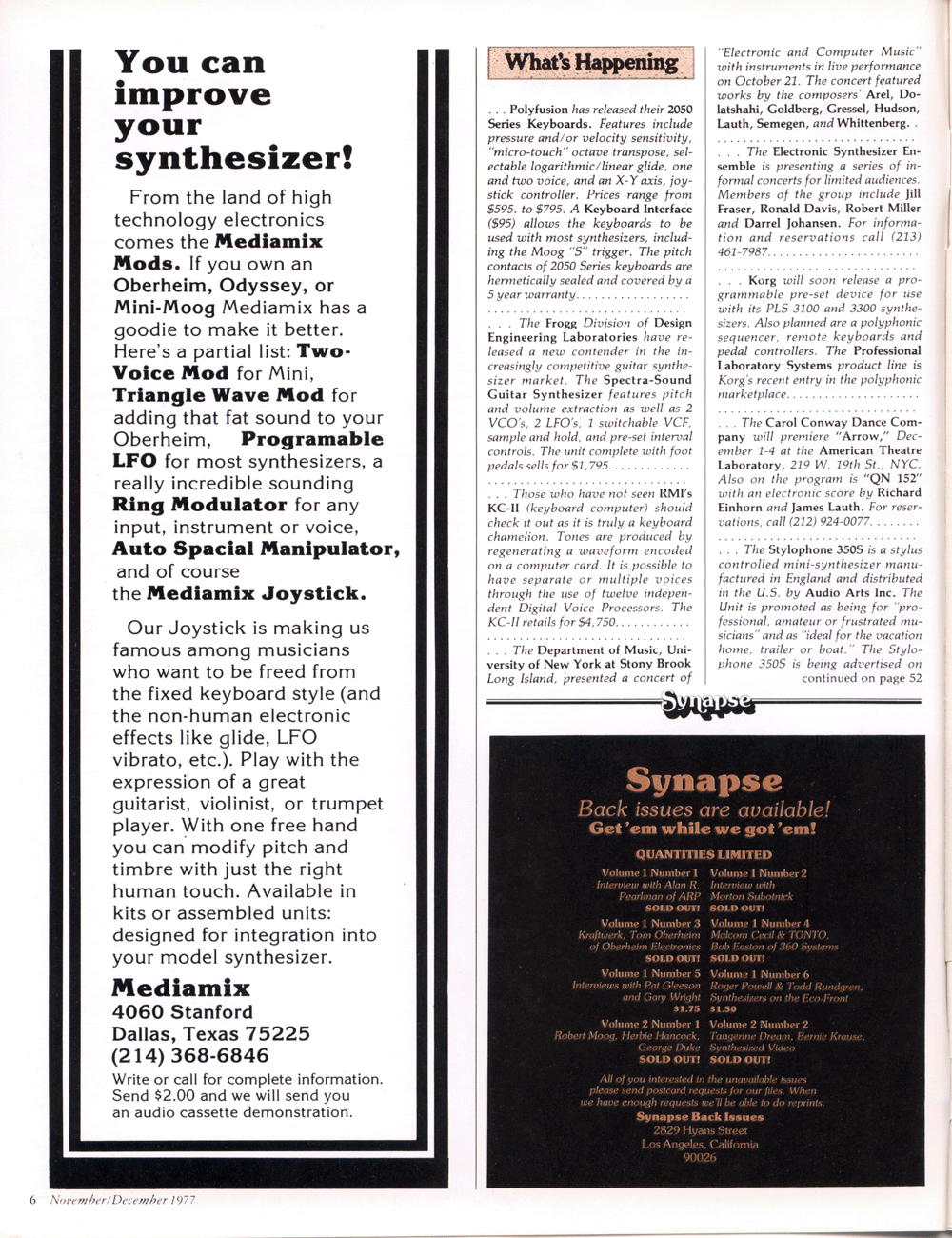 Mediamix Ad: Nov/Dec 1977 Synapse: International Electronic Music