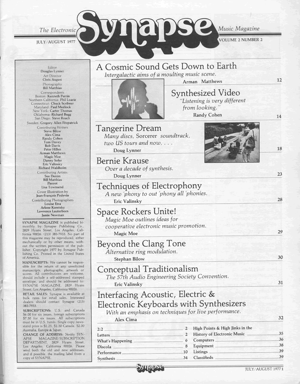 Synapse July/August 1977 Table of Contents. Interview with Tangerine Dream, Bernie Krause. Synapse: The Electronic Music Magzine.