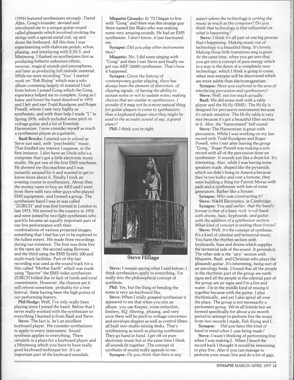 Continuation of Steve Hillage interview in Synapse Magazine.