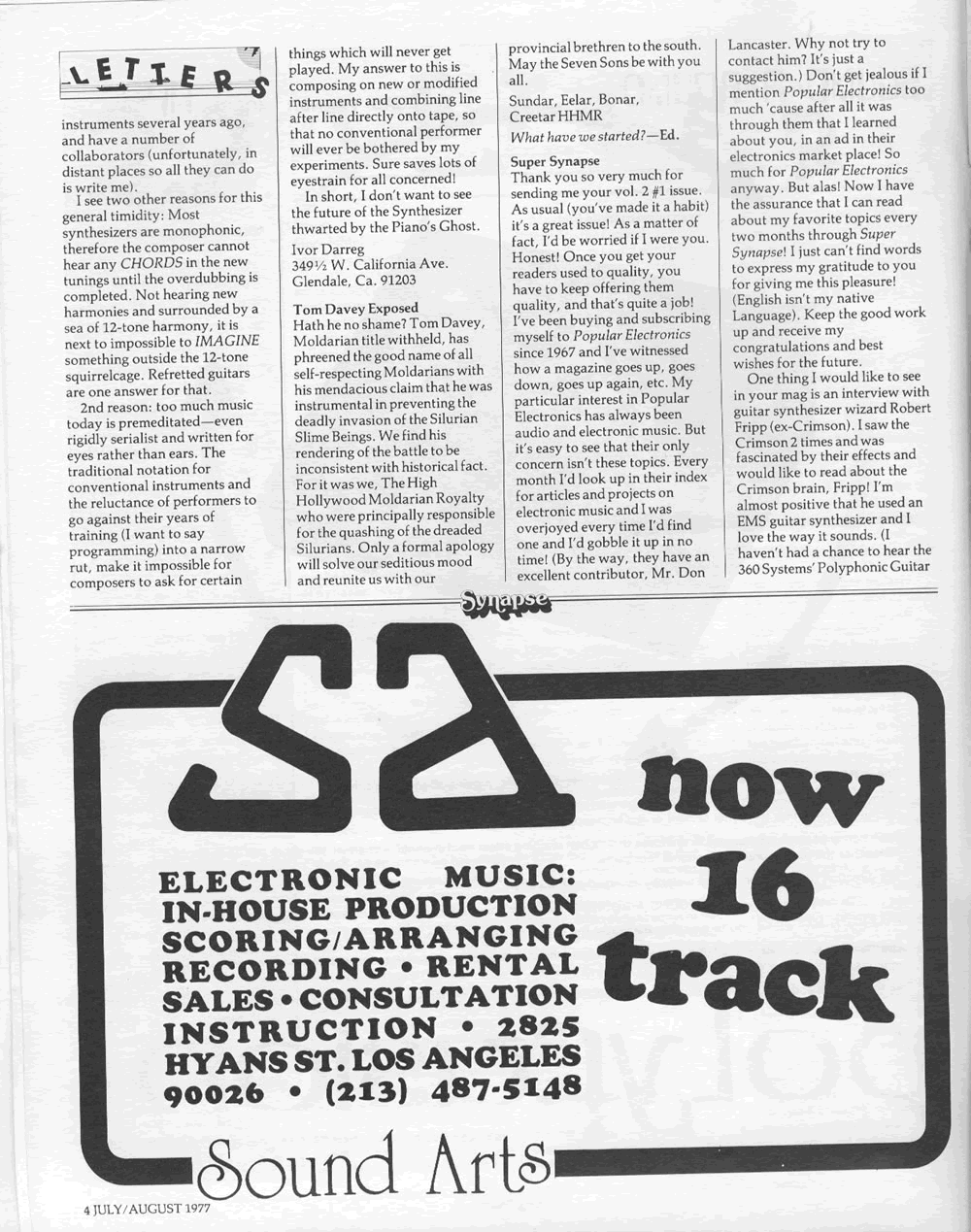 Letters in Synapse July/August 1977 issue plus a Sound Arts advertisement.