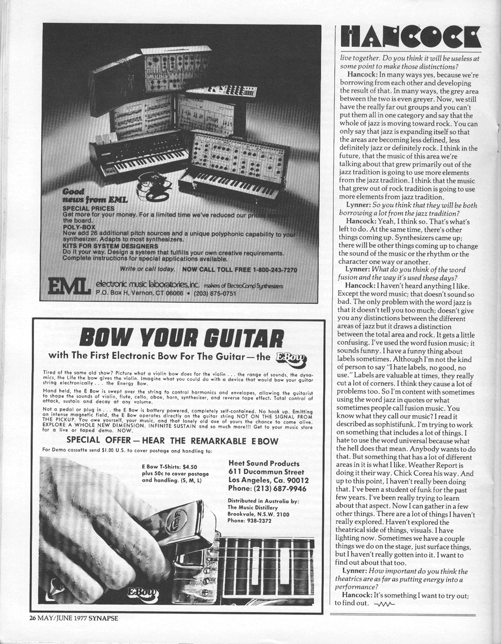 Vintage EML and E Bow ads from Synapse Magazine.