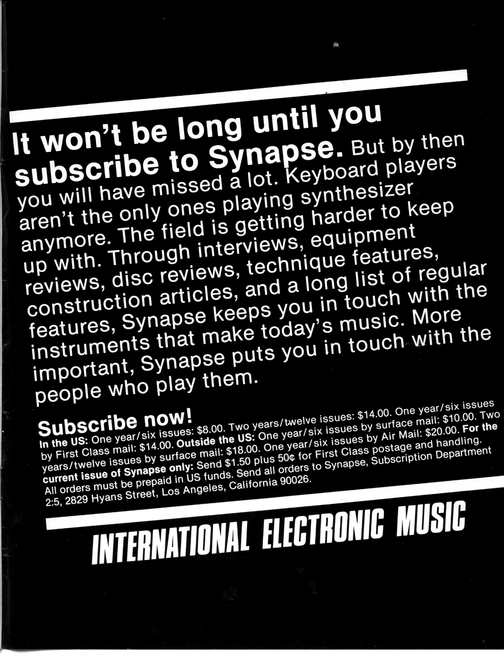 Synapse - International Electronic Music subscription advertisement.