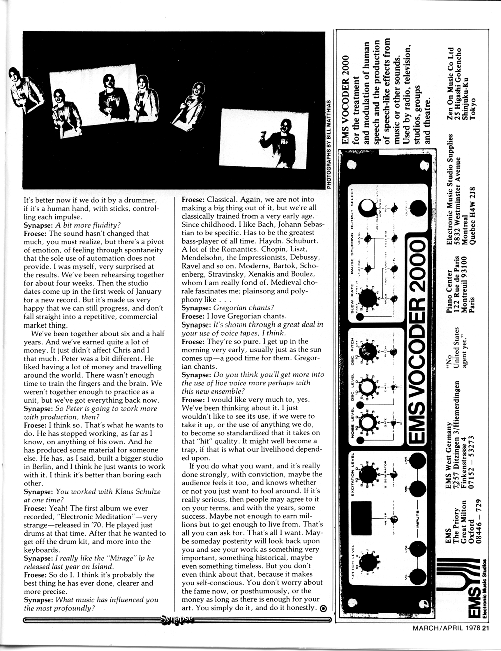Tangerine Dream's Edgar Froese talks with Synapse Magazine. EMS Vocoder 2000 ad.