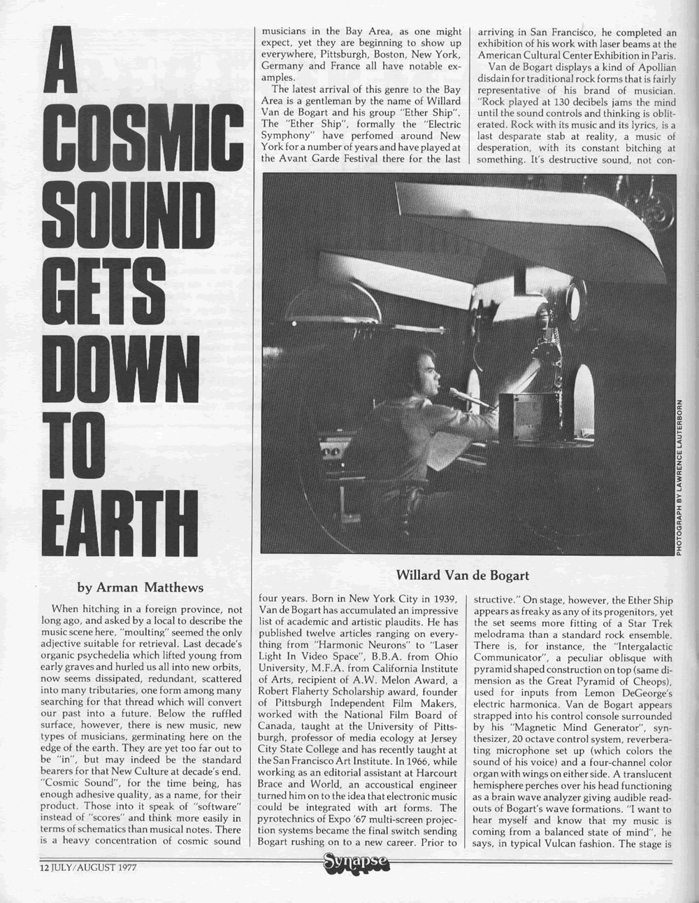 Article: A Cosmic Sound Gets Down to Earth about Willard Van de Bogart.