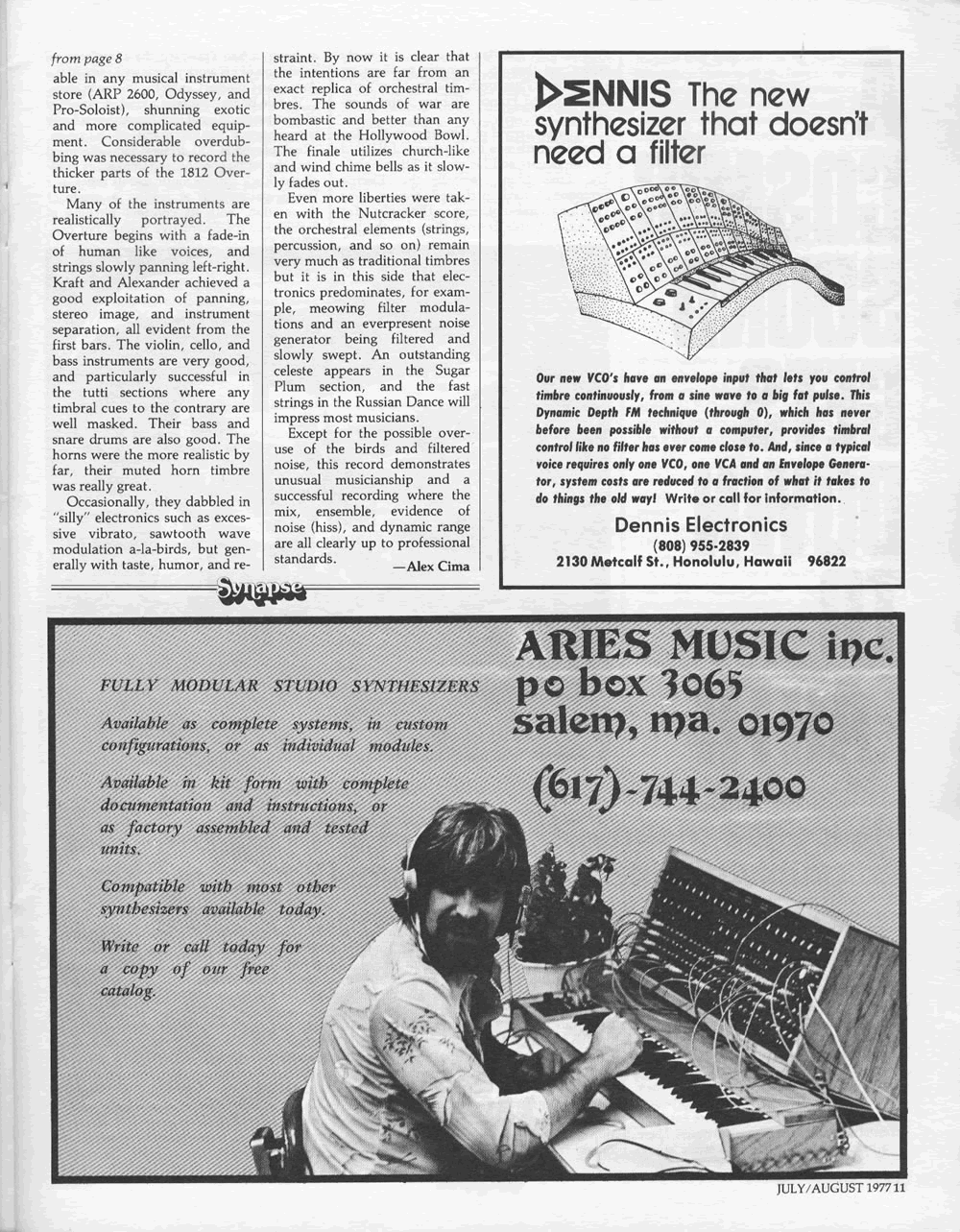 Advertisements for Aries Music and Dennis Electronics in the July/August issue of Synapse Magazine.