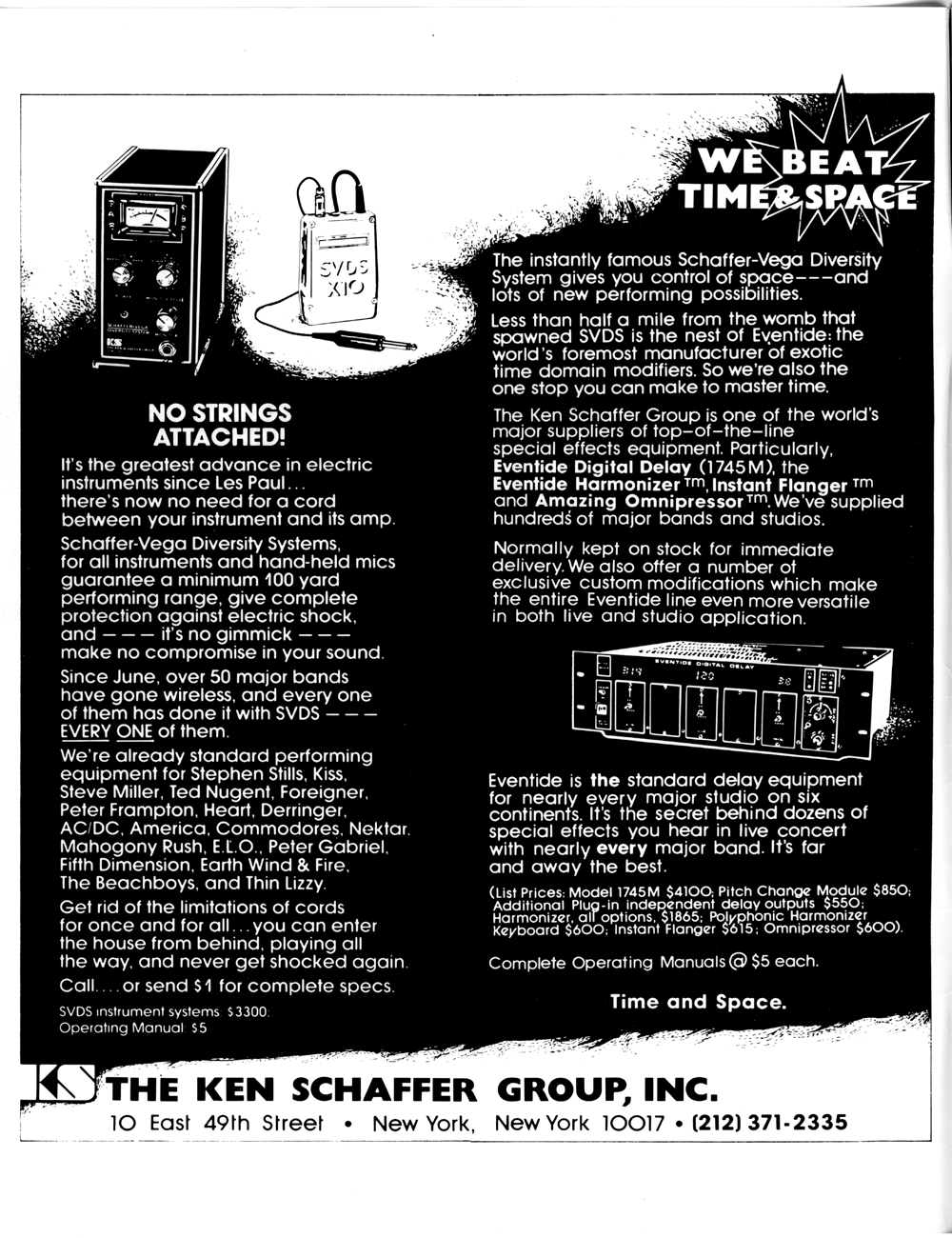Vintage advertisement - The Ken Scaffer Group - Schaffer-Vega Diversity System - Synapse Magazine - Electronic Music.